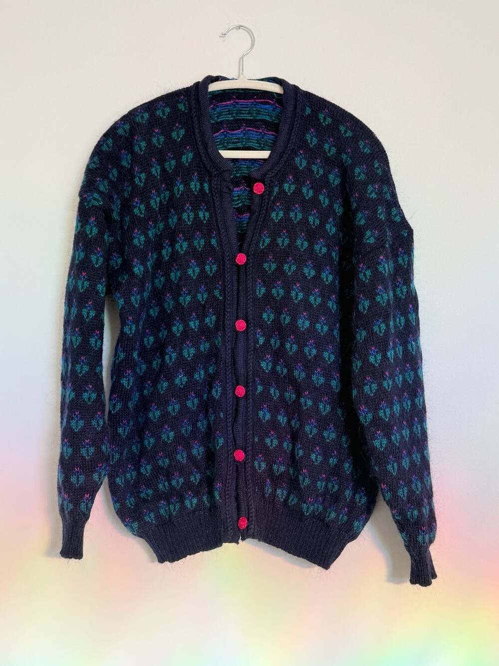Vitabella Cardigan Size XL Navy Blue Mohair Floral Knit Sweater